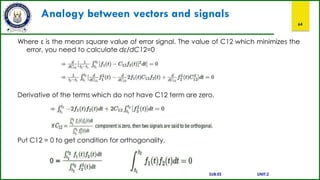 Analogy between vectors and signals
64
Where ε is the mean square value of error signal. The value of C12 which minimizes the
error, you need to calculate dε/dC12=0
Derivative of the terms which do not have C12 term are zero.
Put C12 = 0 to get condition for orthogonality.
SUB:ES UNIT:2
 