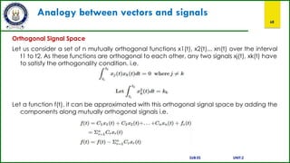 Analogy between vectors and signals
68
Orthogonal Signal Space
Let us consider a set of n mutually orthogonal functions x1(t), x2(t)... xn(t) over the interval
t1 to t2. As these functions are orthogonal to each other, any two signals xj(t), xk(t) have
to satisfy the orthogonality condition. i.e.
Let a function f(t), it can be approximated with this orthogonal signal space by adding the
components along mutually orthogonal signals i.e.
SUB:ES UNIT:2
 
