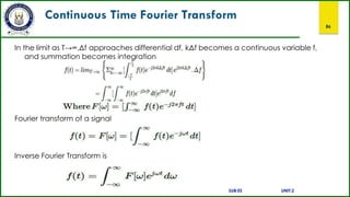 Continuous Time Fourier Transform
86
In the limit as T→∞,Δf approaches differential df, kΔf becomes a continuous variable f,
and summation becomes integration
Fourier transform of a signal
Inverse Fourier Transform is
SUB:ES UNIT:2
 