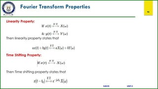 Fourier Transform Properties
90
Linearity Property:
Then linearity property states that
Time Shifting Property:
Then Time shifting property states that
SUB:ES UNIT:2
 