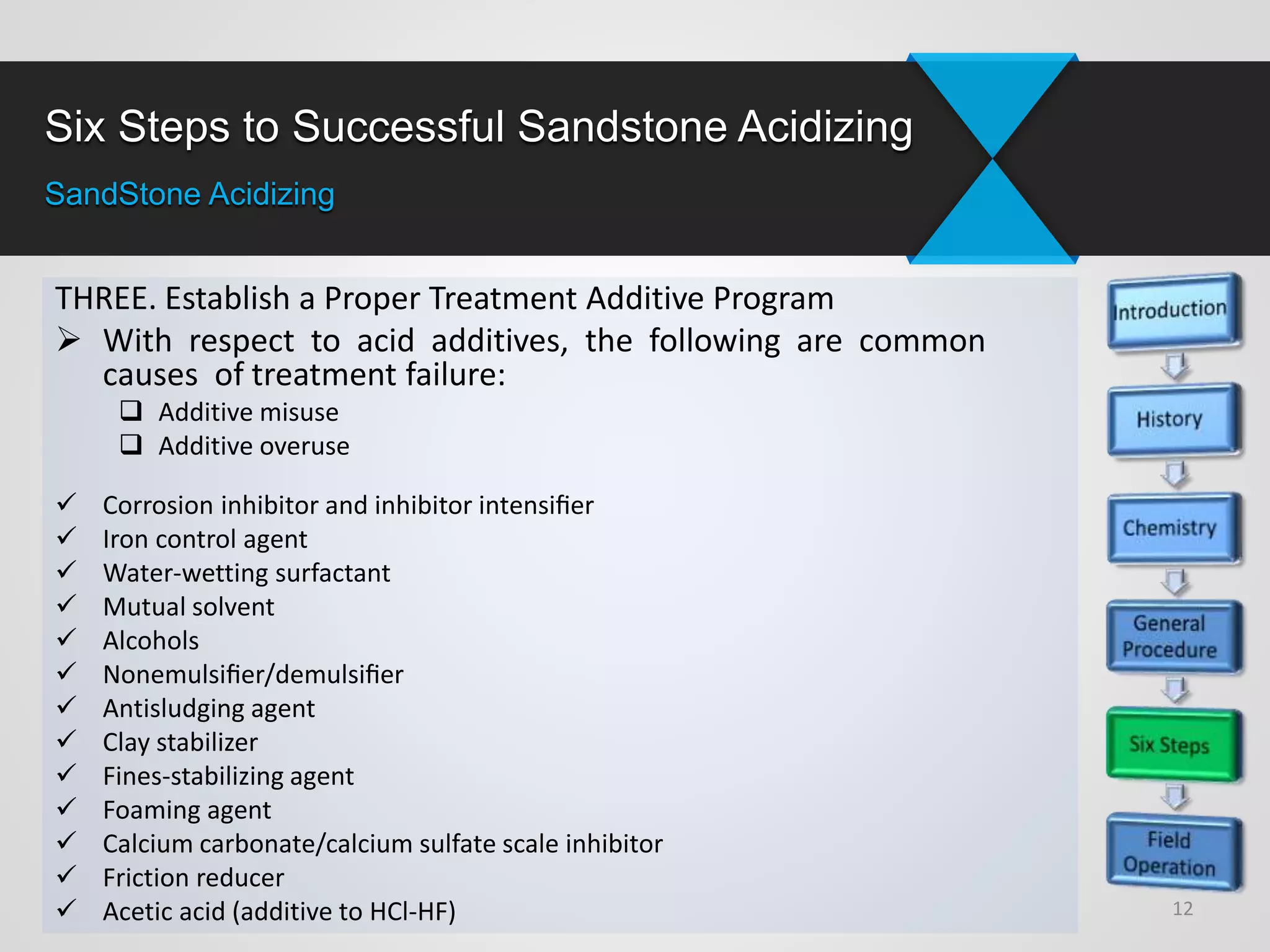 Six Steps to Successful Sandstone Acidizing
SandStone Acidizing
THREE. Establish a Proper Treatment Additive Program
 With respect to acid additives, the following are common
causes of treatment failure:
 Additive misuse
 Additive overuse
 Corrosion inhibitor and inhibitor intensiﬁer
 Iron control agent
 Water-wetting surfactant
 Mutual solvent
 Alcohols
 Nonemulsiﬁer/demulsiﬁer
 Antisludging agent
 Clay stabilizer
 Fines-stabilizing agent
 Foaming agent
 Calcium carbonate/calcium sulfate scale inhibitor
 Friction reducer
 Acetic acid (additive to HCl-HF) 12
 