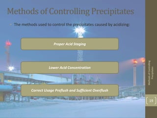 Methods of Controlling Precipitates
• The methods used to control the precipitates caused by acidizing:
MethodsofControlling
Precipitates
19
Proper Acid Staging
Lower Acid Concentration
Correct Usage Preflush and Sufficient Overflush
 