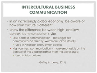 INTERCULTURAL BUSINESS 
COMMUNICATION 
• In an increasingly global economy, be aware of 
how your culture is different 
• Know the difference between high- and low-context 
communication styles 
• Low-context communication – messages are 
communicated directly; words are taken literally 
• Used in American and German cultures 
• High-context communication – more emphasis is on the 
context of the situation rather than the words used 
• Used in Asian cultures 
(Guffey & Loewy, 2011) 
 