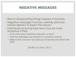 NEGATIVE MESSAGES 
• Bad or disappointing things happen in business 
• Negative messages must be carefully planned 
before delivery to lessen the impact 
• Individuals receiving bad news may be more 
receptive if they: 
• Know the reason behind a decision or error 
• Feel the message was shared in a sensitive manner 
• Believe the concern was seriously reviewed and dealt with 
fairly 
(Guffey & Loewy, 2011) 
 