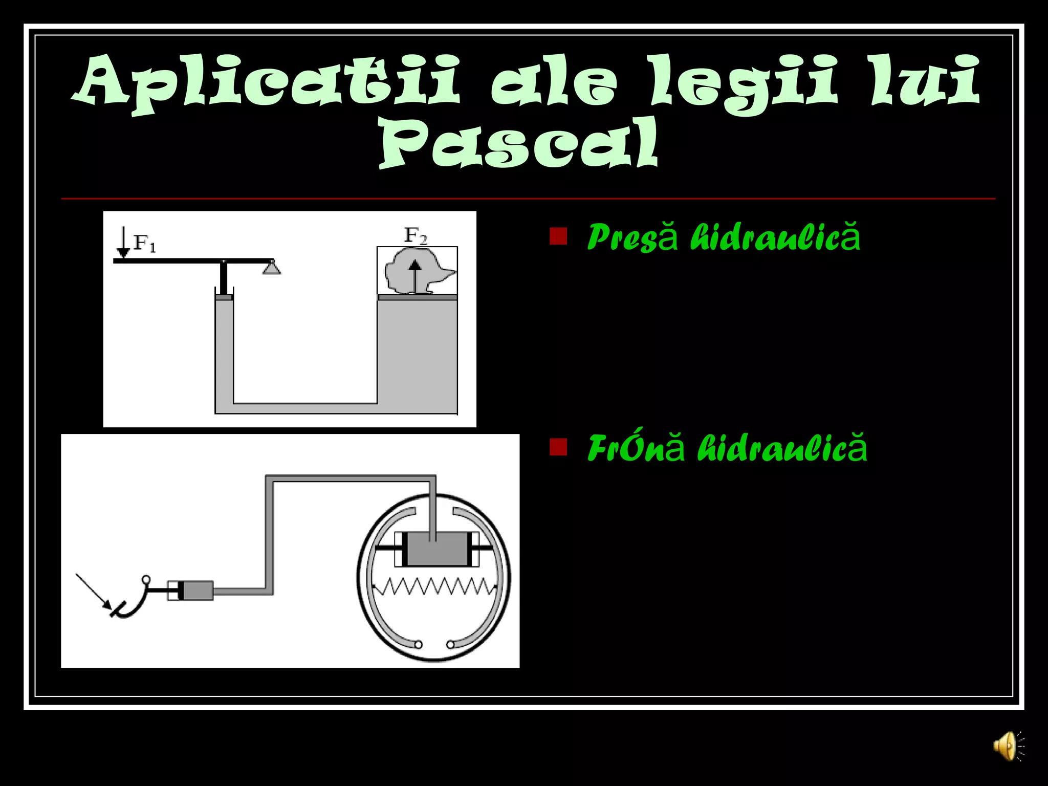 Aplica t ii ale legii lui Pascal   Pres ă hidraulică Frînă hidraulică 