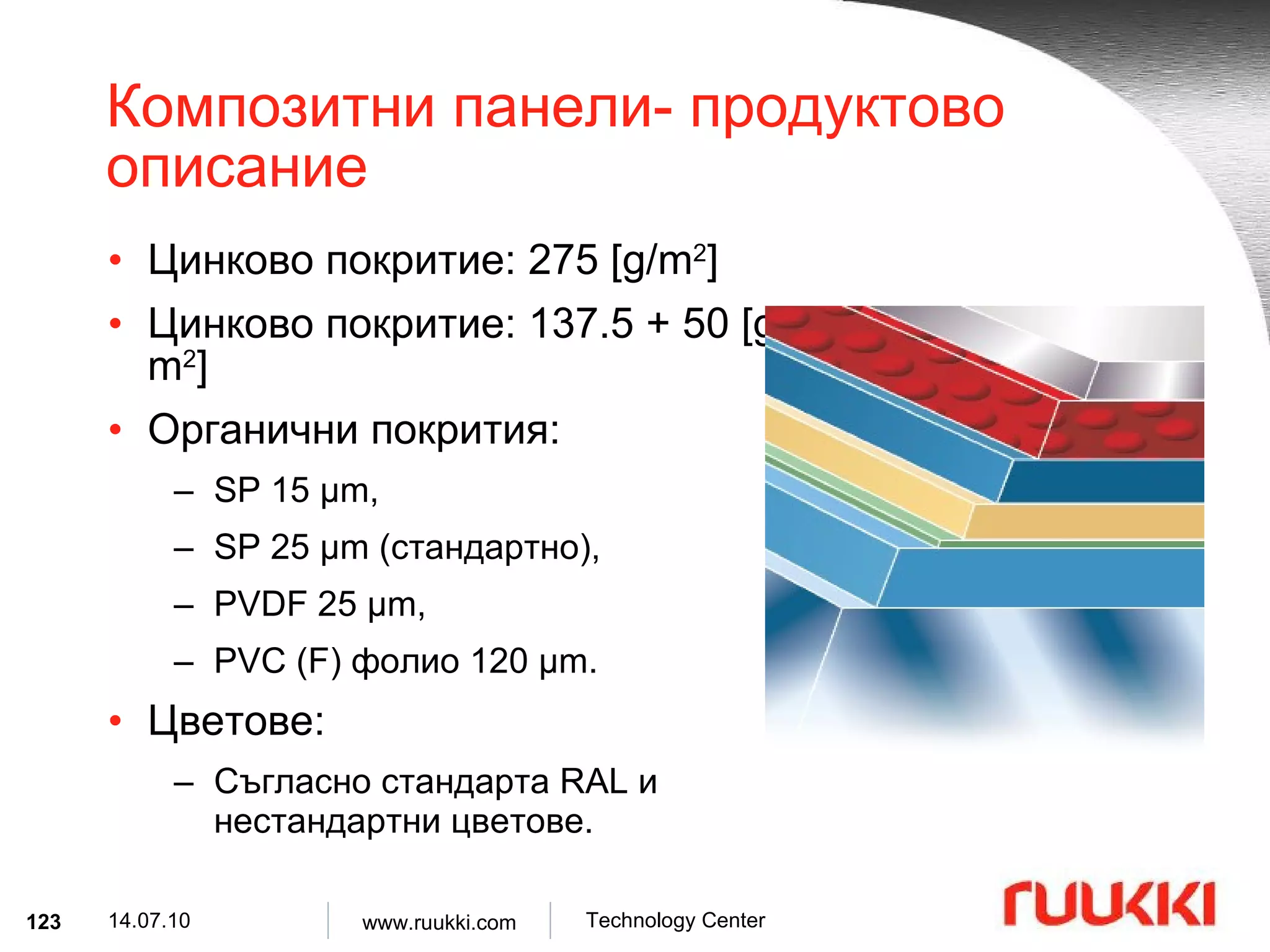 Композитни панели- продуктово описание Цинково покритие : 275 [g/m 2 ] Цинково покритие : 137.5 + 50 [g/m 2 ] Органични покрития :  SP 15  µ m, SP 25  µ m ( стандартно ),  PVDF 25  µ m,  PVC (F)  фолио  120  µ m. Цветове : Съгласно стандарта  RAL  и нестандартни цветове . 