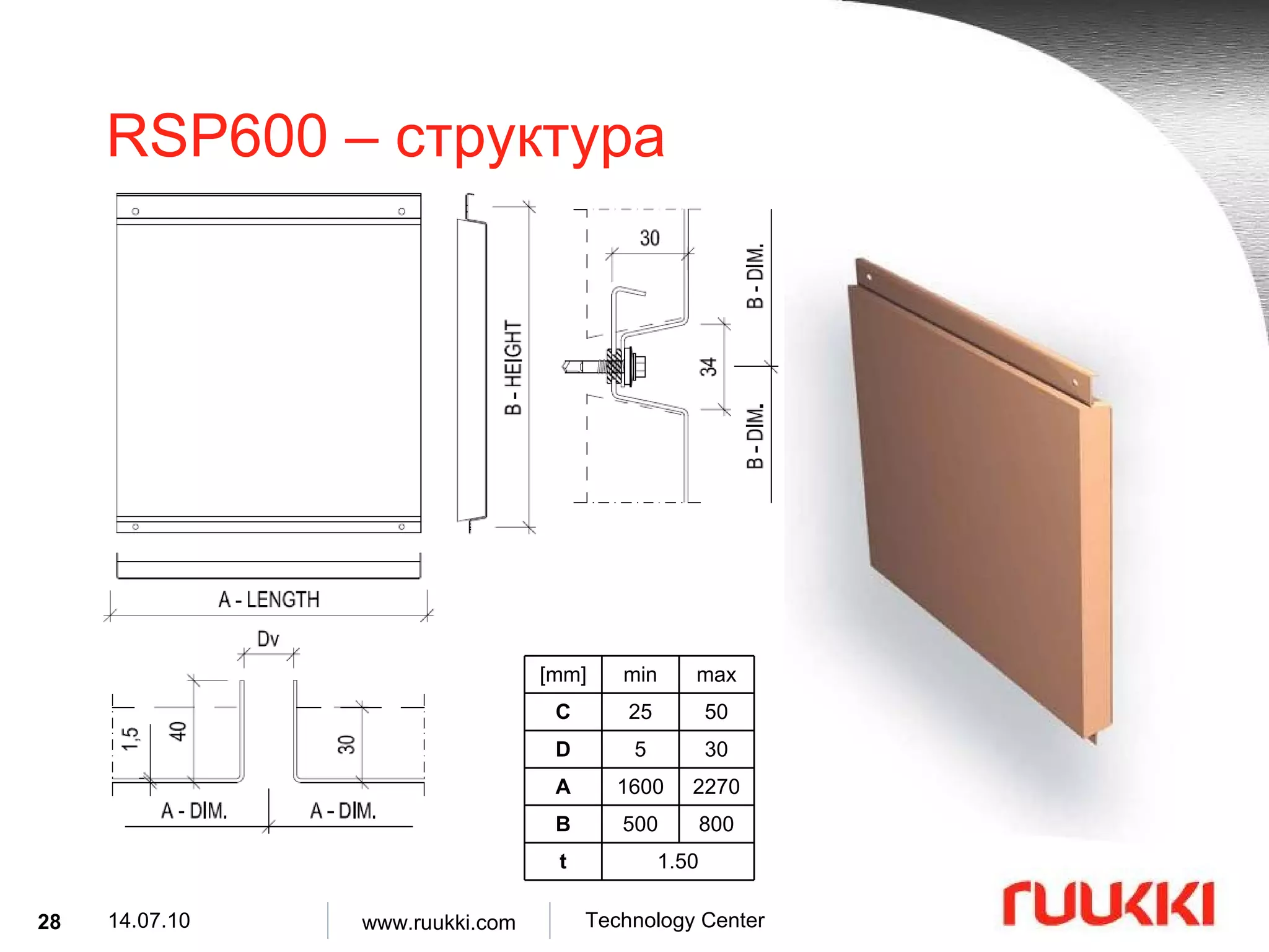 RSP600 –  структура 1.50 t 800 2270 500 B 1600 A 50 25 C 30 5 D max min [mm] 