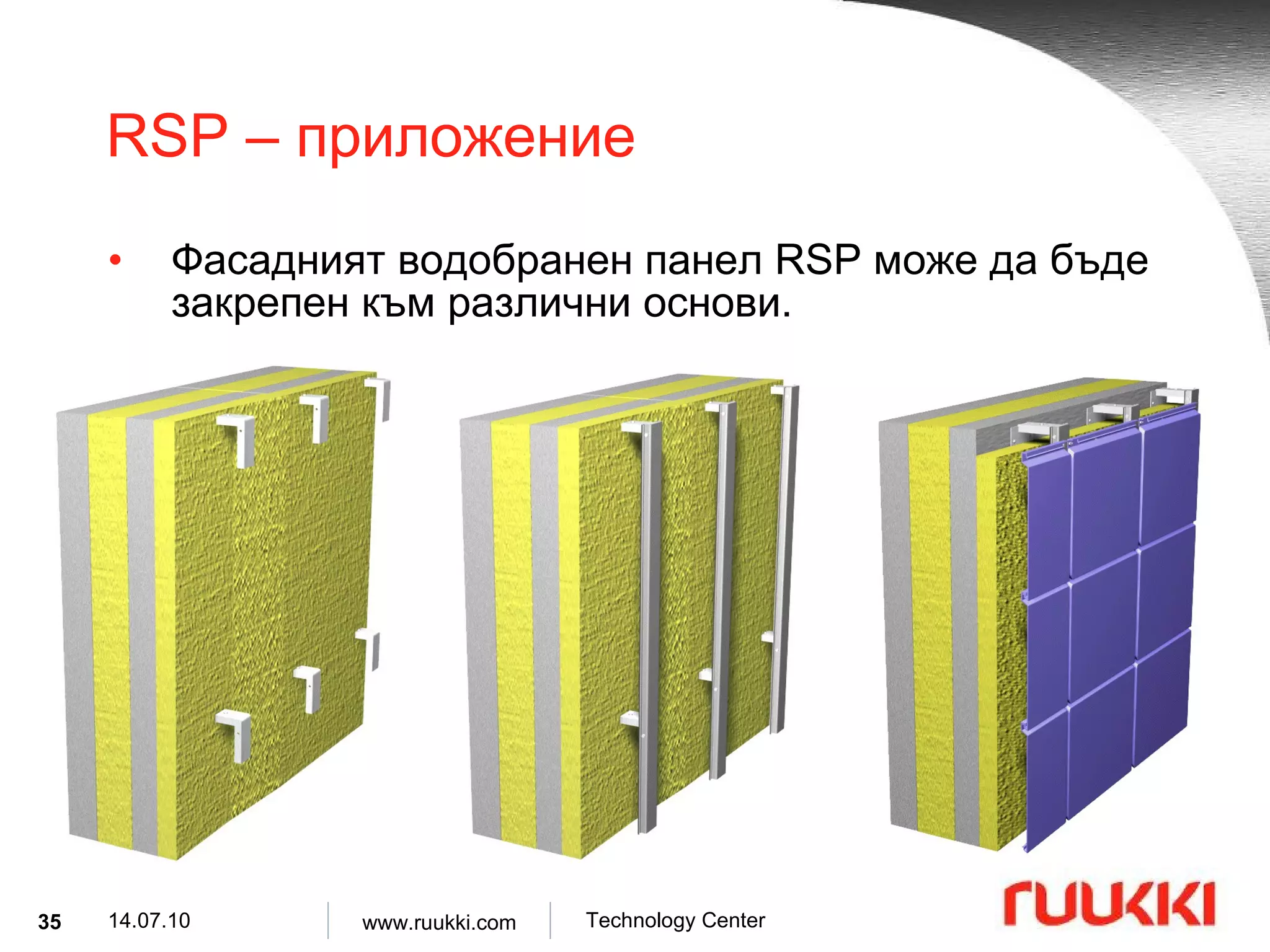 RSP –  приложение Фасадният водобранен панел   RSP  може да бъде закрепен към различни основи . 