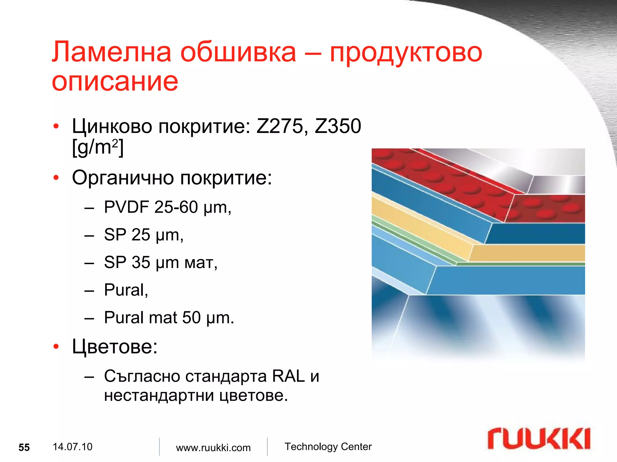 Ламелна обшивка  –  продуктово описание Цинково покритие : Z275, Z350 [g/m 2 ] Органично покритие :  PVDF 25-60 µm,  SP 25 µm,  SP 35 µm  мат , Pural, Pural mat 50 µm. Цветове : Съгласно стандарта  RAL  и нестандартни цветове . 