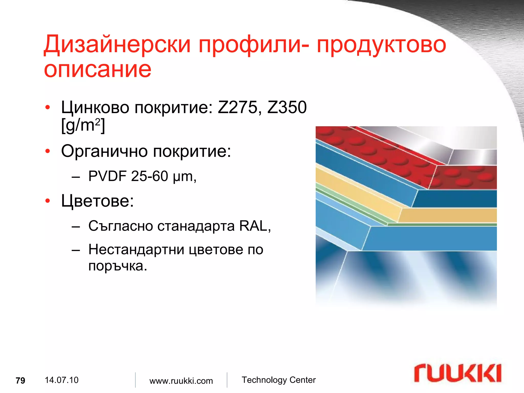 Дизайнерски профили- продуктово описание Цинково покритие : Z275, Z350 [g/m 2 ] Органично покритие :  PVDF 25-60 µm,  Цветове : Съгласно станадарта  RAL , Нестандартни цветове по поръчка . 