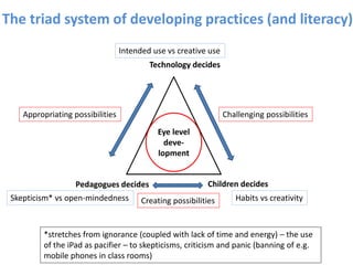 Technology decides
Pedagogues decides Children decides
Intended use vs creative use
Skepticism* vs open-mindedness Habits vs creativity
Appropriating possibilities Challenging possibilities
Eye level
deve-
lopment
The triad system of developing practices (and literacy)
Creating possibilities
*stretches from ignorance (coupled with lack of time and energy) – the use
of the iPad as pacifier – to skepticisms, criticism and panic (banning of e.g.
mobile phones in class rooms)
 