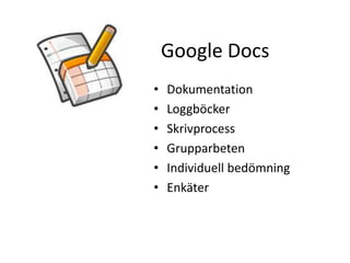 Google Docs
•   Dokumentation
•   Loggböcker
•   Skrivprocess
•   Grupparbeten
•   Individuell bedömning
•   Enkäter
 