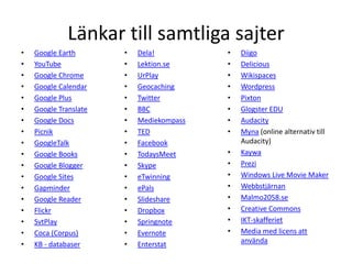 Länkar till samtliga sajter
•   Google Earth       •   Dela!          •   Diigo
•   YouTube            •   Lektion.se     •   Delicious
•   Google Chrome      •   UrPlay         •   Wikispaces
•   Google Calendar    •   Geocaching     •   Wordpress
•   Google Plus        •   Twitter        •   Pixton
•   Google Translate   •   BBC            •   Glogster EDU
•   Google Docs        •   Mediekompass   •   Audacity
•   Picnik             •   TED            •   Myna (online alternativ till
•   GoogleTalk         •   Facebook           Audacity)
•   Google Books       •   TodaysMeet     •   Kaywa
•   Google Blogger     •   Skype          •   Prezi
•   Google Sites       •   eTwinning      •   Windows Live Movie Maker
•   Gapminder          •   ePals          •   Webbstjärnan
•   Google Reader      •   Slideshare     •   Malmo2058.se
•   Flickr             •   Dropbox        •   Creative Commons
•   SvtPlay            •   Springnote     •   IKT-skafferiet
•   Coca (Corpus)      •   Evernote       •   Media med licens att
•   KB - databaser     •   Enterstat          använda
 