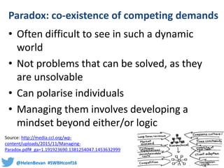 @HelenBevan #SWBHconf16
Paradox: co-existence of competing demands
• Often difficult to see in such a dynamic
world
• Not problems that can be solved, as they
are unsolvable
• Can polarise individuals
• Managing them involves developing a
mindset beyond either/or logic
Source: http://media.ccl.org/wp-
content/uploads/2015/11/Managing-
Paradox.pdf#_ga=1.191923690.1381254047.1453632999
 