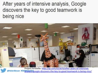 @HelenBevan #SWBHconf16
Project Aristotle: http://qz.com/625870/after-years-of-intensive-
analysis-google-discovers-the-key-to-good-teamwork-is-being-nice/
 