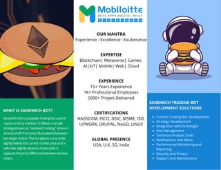 WHAT IS SANDWICH BOT?
Sandwich bot is a popular trading bot used in
cryptocurrency markets. It follows a simple
strategy known as "sandwich trading," where it
aims to profit from price fluctuations between
two larger orders. The bot places a buy order
slightly below the current market price and a
sell order slightly above it. If executed, it
captures the price difference between the two
orders.
OUR MANTRA
Experience : Excellence : Exuberance
EXPERTISE
Blockchain| Metaverse| Games
AI|IoT| Mobile| Web| Cloud
EXPERIENCE
15+ Years Experience
1K+ Professional Employees
5000+ Project Delivered
CERTIFICATIONS
NASSCOM, FICCI, NSIC, MSME, ISO,
UPWORK, DRUPAL, NeGD, LINUX
GLOBAL PRESENCE
USA, U.K, SG, India
SANDWICH TRADING BOT
DEVELOPMENT SOLUTIONS
Custom Trading Bot Development
Strategy Development
Integration with Exchanges
Risk Management
Technical Analysis Tools
Notifications and Alerts
Performance Monitoring and
Reporting
Security and Privacy
Support and Maintenance
 