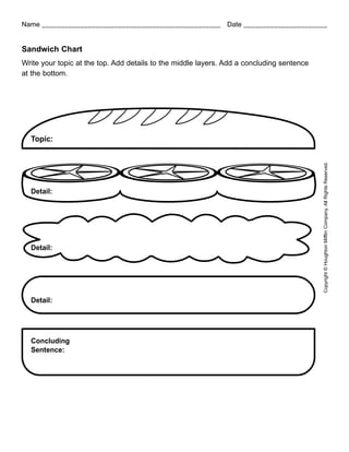Name _______________________________________________ Date ______________________


Sandwich Chart
Write your topic at the top. Add details to the middle layers. Add a concluding sentence
at the bottom.




  Topic:




                                                                                           Copyright © Houghton Mifflin Company. All Rights Reserved.
  Detail:




  Detail:




  Detail:




  Concluding
  Sentence:
 