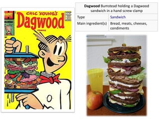 Dagwood Bumstead holding a Dagwood
sandwich in a hand screw clamp
Type Sandwich
Main ingredient(s) Bread, meats, cheeses,
condiments
 