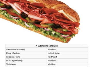 A Submarine Sandwich
Alternative name(s) Multiple
Place of origin United States
Region or state Northeast
Main ingredient(s) Multiple
Variations Multiple
 