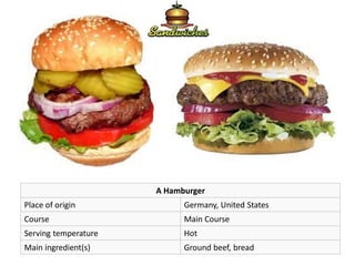 A Hamburger
Place of origin Germany, United States
Course Main Course
Serving temperature Hot
Main ingredient(s) Ground beef, bread
 