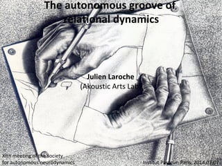 The autonomous groove of
relational dynamics
Julien Laroche
(Akoustic Arts Lab)
XIth meeting of the society
for autonomous neurodynamics Institut Pasteur, Paris, 2014.07.07
 
