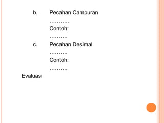 		b. 	Pecahan Campuran			………..			Contoh:			……….		c.	Pecahan Desimal			……….			Contoh:			……….	Evaluasi