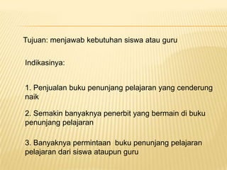 Tujuan: menjawab kebutuhan siswa atau guru Indikasinya:1. Penjualan buku penunjang pelajaran yang cenderung naik 2. Semakin banyaknya penerbit yang bermain di buku penunjang pelajaran  3. Banyaknya permintaan  buku penunjang pelajaran pelajaran dari siswa ataupun guru  