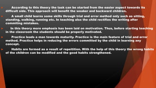  According to this theory the task can be started from the easier aspect towards its
difficult side. This approach will benefit the weaker and backward children.
 A small child learns some skills through trial and error method only such as sitting,
standing, walking, running etc. In teaching also the child rectifies the writing after
commiting mistakes.
 In this theory more emphasis has been laid on motivation. Thus, before starting teaching
in the classroom the students should be properly motivated.
 Practice leads a man towards maturity. Practice is the main feature of trial and error
method. Practice helps in reducing the errors committed by the child in learning any
concept.
 Habits are formed as a result of repeitition. With the help of this theory the wrong habits
of the children can be modified and the good habits strengthened.
 