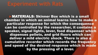 Experiment with Rats
MATERIALS: Skinner Box which is a small
chamber in which an animal learns how to make a
particular response for which the consequence
can be controlled by the researcher, it contains a
speaker, signal lights, lever, food dispenser which
dispenses pellets, and grid floors which can
deliver a mild electric shock. There is also a
cumulative recorder which records the frequency
and speed of the desired response which is made
by the pressing of a lever.
 