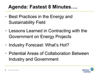 Agenda: Fastest 8 Minutes….
• Best Practices in the Energy and
  Sustainability Field
• Lessons Learned in Contracting with the
  Government on Energy Projects
• Industry Forecast: What‟s Hot?
• Potential Areas of Collaboration Between
  Industry and Government

2   Johnson Controls
 