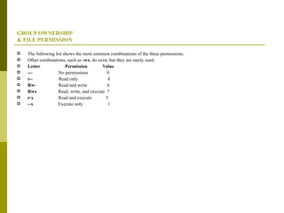 GROUP OWNERSHIP & FILE PERMISSION The following list shows the most common combinations of the three permissions. Other combinations, such as  -wx , do exist, but they are rarely used. Letter  Permission  Value ---  No permissions  0 r--  Read only  4 Rw-  Read and write  6 Rwx  Read, write, and execute  7 r-x  Read and execute  5 --x  Execute only  1 