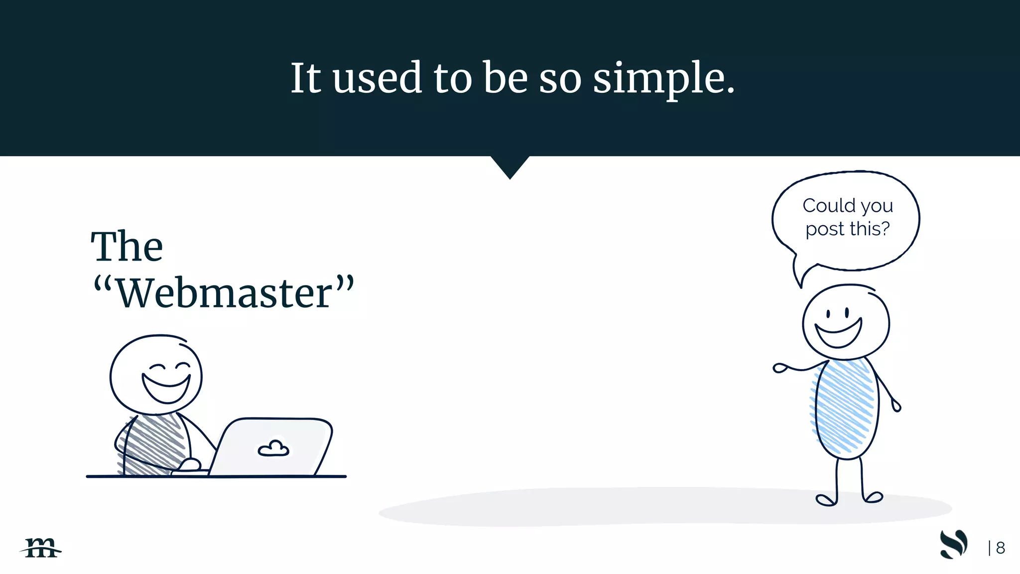 | 8
It used to be so simple.
Could you
post this?
The
“Webmaster”
 