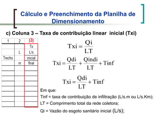 Cálculo e Preenchimento da Planilha de
Dimensionamento
c) Coluna 3 – Taxa de contribuição linear inicial (Txi)
LT
Qi
Txi
Tinf
LT
Qindi
LT
Qdi
Txi
Tinf
LT
Qdi
Txi
Em que:
Tinf = taxa de contribuição de infiltração (L/s.m ou L/s.Km);
LT = Comprimento total da rede coletora;
Qi = Vazão do esgoto sanitário inicial (L/s);
 