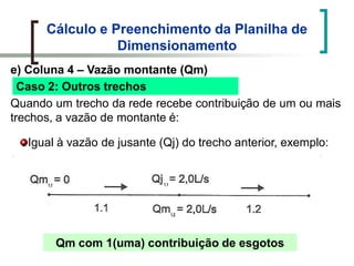 Cálculo e Preenchimento da Planilha de
Dimensionamento
e) Coluna 4 – Vazão montante (Qm)
Caso 2: Outros trechos
Quando um trecho da rede recebe contribuição de um ou mais
trechos, a vazão de montante é:
Igual à vazão de jusante (Qj) do trecho anterior, exemplo:
Qm com 1(uma) contribuição de esgotos
 