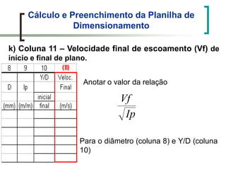 Cálculo e Preenchimento da Planilha de
Dimensionamento
k) Coluna 11 – Velocidade final de escoamento (Vf) de
início e final de plano.
Anotar o valor da relação
Ip
Vf
Para o diâmetro (coluna 8) e Y/D (coluna
10)
 