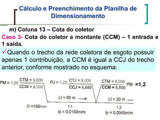 Cálculo e Preenchimento da Planilha de
Dimensionamento
m) Coluna 13 – Cota do coletor
Caso 3- Cota do coletor a montante (CCM) – 1 entrada e
1 saída.
Quando o trecho da rede coletora de esgoto possuir
apenas 1 contribuição, a CCM é igual a CCJ do trecho
anterior, conforme mostrado no esquema:
=1,2
 