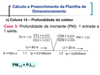 Cálculo e Preenchimento da Planilha de
Dimensionamento
n) Coluna 14 – Profundidade do coletor
Caso 3- Profundidade de montante (PM)- 1 entrada e
1 saída.
PM1.2 = PJ1.1
 