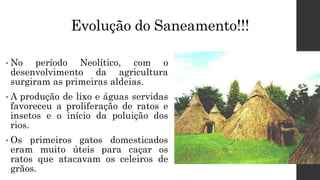 Evolução do Saneamento!!!
• No período Neolítico, com o
desenvolvimento da agricultura
surgiram as primeiras aldeias.
• A produção de lixo e águas servidas
favoreceu a proliferação de ratos e
insetos e o início da poluição dos
rios.
• Os primeiros gatos domesticados
eram muito úteis para caçar os
ratos que atacavam os celeiros de
grãos.
 