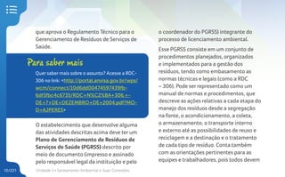 Unidade 1 • Saneamento Ambiental e Suas Conexões
10/231
que aprova o Regulamento Técnico para o
Gerenciamento de Resíduos de Serviços de
Saúde.
O estabelecimento que desenvolve alguma
das atividades descritas acima deve ter um
Plano de Gerenciamento de Resíduos de
Serviços de Saúde (PGRSS) descrito por
meio de documento (impresso e assinado
pelo responsável legal da instituição e pelo
Para saber mais
Quer saber mais sobre o assunto? Acesse a RDC-
306 no link: <http://portal.anvisa.gov.br/wps/
wcm/connect/10d6dd00474597439fb-
6df3fbc4c6735/RDC+N%C2%BA+306,+-
DE+7+DE+DEZEMBRO+DE+2004.pdf?MO-
D=AJPERES>
o coordenador do PGRSS) integrante do
processo de licenciamento ambiental.
Esse PGRSS consiste em um conjunto de
procedimentos planejados, organizados
e implementados para a gestão dos
resíduos, tendo como embasamento as
normas técnicas e legais (como a RDC
– 306). Pode ser representado como um
manual de normas e procedimentos, que
descreve as ações relativas a cada etapa do
manejo dos resíduos desde a segregação
na fonte, o acondicionamento, a coleta,
o armazenamento, o transporte interno
e externo até as possibilidades de reuso e
reciclagem e a destinação e o tratamento
de cada tipo de resíduo. Conta também
com as orientações pertinentes para as
equipes e trabalhadores, pois todos devem
 