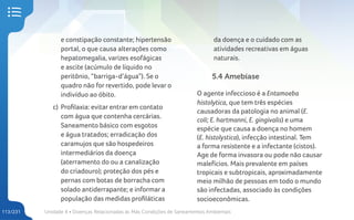 Unidade 4 • Doenças Relacionadas às Más Condições de Saneamentos Ambientais
113/231
e constipação constante; hipertensão
portal, o que causa alterações como
hepatomegalia, varizes esofágicas
e ascite (acúmulo de líquido no
peritônio, “barriga-d’água”). Se o
quadro não for revertido, pode levar o
indivíduo ao óbito.
c) Profilaxia: evitar entrar em contato
com água que contenha cercárias.
Saneamento básico com esgotos
e água tratados; erradicação dos
caramujos que são hospedeiros
intermediários da doença
(aterramento do ou a canalização
do criadouro); proteção dos pés e
pernas com botas de borracha com
solado antiderrapante; e informar a
população das medidas profiláticas
da doença e o cuidado com as
atividades recreativas em águas
naturais.
5.4 Amebíase
O agente infeccioso é a Entamoeba
histolytica, que tem três espécies
causadoras da patologia no animal (E.
coli; E. hartmanni, E. gingivalis) e uma
espécie que causa a doença no homem
(E. histolystica), infecção intestinal. Tem
a forma resistente e a infectante (cistos).
Age de forma invasora ou pode não causar
malefícios. Mais prevalente em países
tropicais e subtropicais, aproximadamente
meio milhão de pessoas em todo o mundo
são infectadas, associado às condições
socioeconômicas.
 