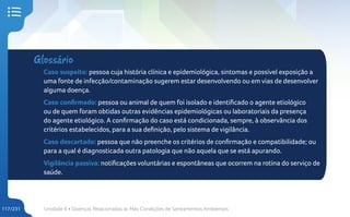 Unidade 4 • Doenças Relacionadas às Más Condições de Saneamentos Ambientais
117/231
Glossário
Caso suspeito: pessoa cuja história clínica e epidemiológica, sintomas e possível exposição a
uma fonte de infecção/contaminação sugerem estar desenvolvendo ou em vias de desenvolver
alguma doença.
Caso confirmado: pessoa ou animal de quem foi isolado e identificado o agente etiológico
ou de quem foram obtidas outras evidências epidemiológicas ou laboratoriais da presença
do agente etiológico. A confirmação do caso está condicionada, sempre, à observância dos
critérios estabelecidos, para a sua definição, pelo sistema de vigilância.
Caso descartado: pessoa que não preenche os critérios de confirmação e compatibilidade; ou
para a qual é diagnosticada outra patologia que não aquela que se está apurando.
Vigilância passiva: notificações voluntárias e espontâneas que ocorrem na rotina do serviço de
saúde.
 