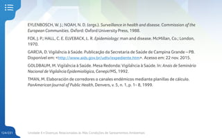 Unidade 4 • Doenças Relacionadas às Más Condições de Saneamentos Ambientais
124/231
EYLENBOSCH, W. J.; NOAH, N. D. (orgs.). Surveillance in health and disease. Commission of the
European Communities. Oxford: Oxford University Press, 1988.
FOX, J. P.; HALL, C. E. ELVEBACK, L. R. Epidemiology: man and disease. McMillan, Co.; London,
1970.
GARCIA, D. Vigilância à Saúde. Publicação da Secretaria de Saúde de Campina Grande – PB.
Disponível em: <http://www.aids.gov.br/udtv/expediente.htm>. Acesso em: 22 nov. 2015.
GOLDBAUM, M. Vigilância à Saúde. Mesa Redonda: Vigilância à Saúde. In: Anais de Seminário
Nacional de Vigilância Epidemiológica, Cenepi/MS, 1992.
TMAN, M. Elaboración de corredores o canales endémicos mediante planillas de cálculo.
PanAmerican Journal of Public Health, Denvers, v. 5, n. 1, p. 1- 8, 1999.
 