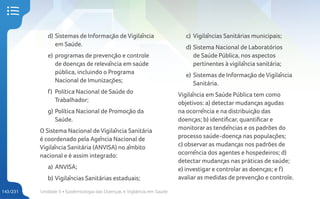 Unidade 5 • Epidemiologia das Doenças e Vigilância em Saúde
143/231
d) Sistemas de Informação de Vigilância
em Saúde.
e) programas de prevenção e controle
de doenças de relevância em saúde
pública, incluindo o Programa
Nacional de Imunizações;
f) Política Nacional de Saúde do
Trabalhador;
g) Política Nacional de Promoção da
Saúde.
O Sistema Nacional de Vigilância Sanitária
é coordenado pela Agência Nacional de
Vigilância Sanitária (ANVISA) no âmbito
nacional e é assim integrado:
a) ANVISA;
b) Vigilâncias Sanitárias estaduais;
c) Vigilâncias Sanitárias municipais;
d) Sistema Nacional de Laboratórios
de Saúde Pública, nos aspectos
pertinentes à vigilância sanitária;
e) Sistemas de Informação de Vigilância
Sanitária.
Vigilância em Saúde Pública tem como
objetivos: a) detectar mudanças agudas
na ocorrência e na distribuição das
doenças; b) identificar, quantificar e
monitorar as tendências e os padrões do
processo saúde-doença nas populações;
c) observar as mudanças nos padrões de
ocorrência dos agentes e hospedeiros; d)
detectar mudanças nas práticas de saúde;
e) investigar e controlar as doenças; e f)
avaliar as medidas de prevenção e controle.
 