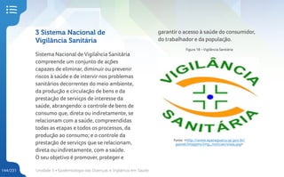 Unidade 5 • Epidemiologia das Doenças e Vigilância em Saúde
144/231
3 Sistema Nacional de
Vigilância Sanitária
Sistema Nacional de Vigilância Sanitária
compreende um conjunto de ações
capazes de eliminar, diminuir ou prevenir
riscos à saúde e de intervir nos problemas
sanitários decorrentes do meio ambiente,
da produção e circulação de bens e da
prestação de serviços de interesse da
saúde, abrangendo: o controle de bens de
consumo que, direta ou indiretamente, se
relacionam com a saúde, compreendidas
todas as etapas e todos os processos, da
produção ao consumo; e o controle da
prestação de serviços que se relacionam,
direta ou indiretamente, com a saúde.
O seu objetivo é promover, proteger e
garantir o acesso à saúde do consumidor,
do trabalhador e da população.
Figura 18 – Vigilância Sanitária
Fonte: <http://www.eparaguacu.sp.gov.br/
painel/imagens/img_noticias/visaa.jpg>
 