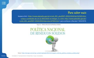 Unidade 1 • Saneamento Ambiental e Suas Conexões
16/231
Figura 2 – Política Nacional de Resíduos Sólidos
Fonte: <http://sincapr.com.br/wp-content/uploads/2013/11/imagem_noticias_politica_residuos_solidos.png>
Para saber mais
Acesse o link: <http://www.planalto.gov.br/ccivil_03/_ato2007-2010/2010/lei/l12305.htm,
e leia o conteúdo da Lei 12.305/2010 na íntegra. E o link: http://www.planalto.gov.br/
ccivil_03/_ato2007-2010/2010/decreto/d7404.htm> para conhecer o Decreto 7.404/2010.
 