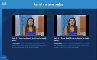 176/231
Assista a suas aulas
Aula 6 - Tema: Resiliência Ambiental e Social -
Bloco I
Disponível em: <http://fast.player.liquidplatform.com/
pApiv2/embed/dbd3957c747affd3be431606233e0f1d/
82298c58ab955c158974328e68af3d63>.
Aula 6 - Tema: Resiliência Ambiental e Social -
Bloco II
Disponível em: <http://fast.player.liquidplatform.com/pA-
piv2/embed/dbd3957c747affd3be431606233e0f1d/0e-
01ebe20208c03c70b81abd3e05eafb>.
 