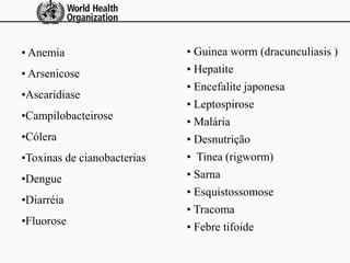 • Anemia
• Arsenicose
•Ascaridiase
•Campilobacteirose
•Cólera
•Toxinas de cianobacterias
•Dengue
•Diarréia
•Fluorose
• Guinea worm (dracunculiasis )
• Hepatite
• Encefalite japonesa
• Leptospirose
• Malária
• Desnutrição
• Tinea (rigworm)
• Sarna
• Esquistossomose
• Tracoma
• Febre tifoide
 