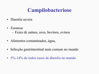 Campilobacteriose
• Diarréia severa
• Zoonose
– Fezes de suínos, aves, bovinos, ovinos
• Alimentos contaminados, água,
• Infecção gastrintestinal mais comum no mundo
• 5%-14% de todos casos de diarréia no mundo
 