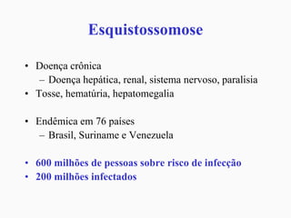 Esquistossomose
• Doença crônica
– Doença hepática, renal, sistema nervoso, paralisia
• Tosse, hematúria, hepatomegalia
• Endêmica em 76 países
– Brasil, Suriname e Venezuela
• 600 milhões de pessoas sobre risco de infecção
• 200 milhões infectados
 