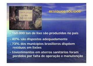 RESÍDUOS SÓLIDOS




- 160.000 ton de lixo são produzidas no país
- 40% são dispostos adequadamente
- 73% dos municípios brasilieros dispõem
  resíduos em lixões
- Investimentos em aterros sanitários foram
  perdidos por falta de operação e manutenção
 